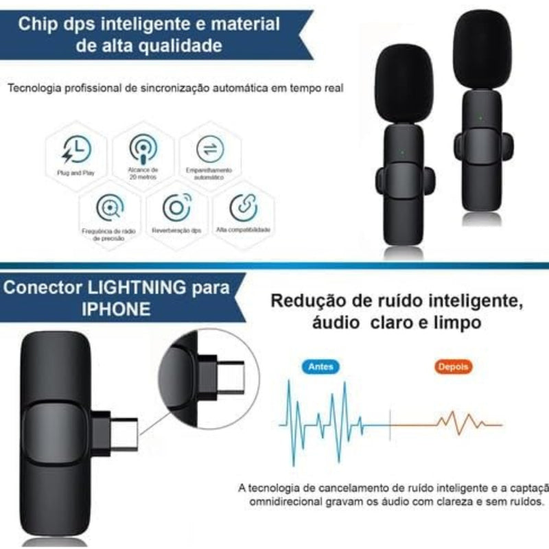 1 Microfone de Lapela sem fio, com captação 360º de longo alcance compatível com Android Usb Tipo C