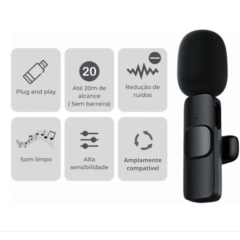 1 Microfone de Lapela sem fio, com captação 360º de longo alcance compatível com Android Usb Tipo C