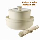 Conjunto de 18 peças de panelas e frigideiras antiaderentes em granito, com cabo removível e tampa de vidro.