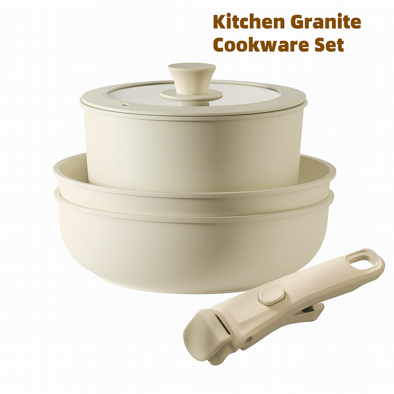 Conjunto de 18 peças de panelas e frigideiras antiaderentes em granito, com cabo removível e tampa de vidro.