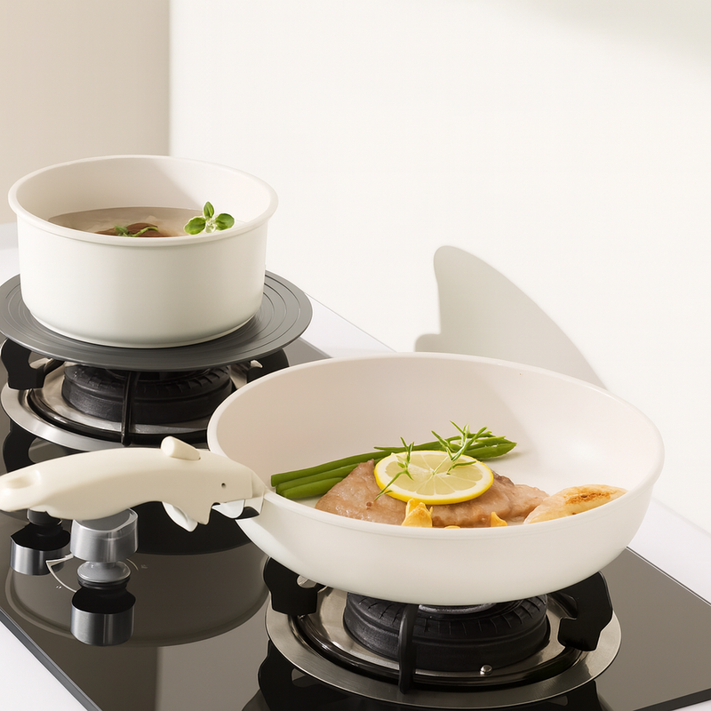 Conjunto de 18 peças de panelas e frigideiras antiaderentes em granito, com cabo removível e tampa de vidro.