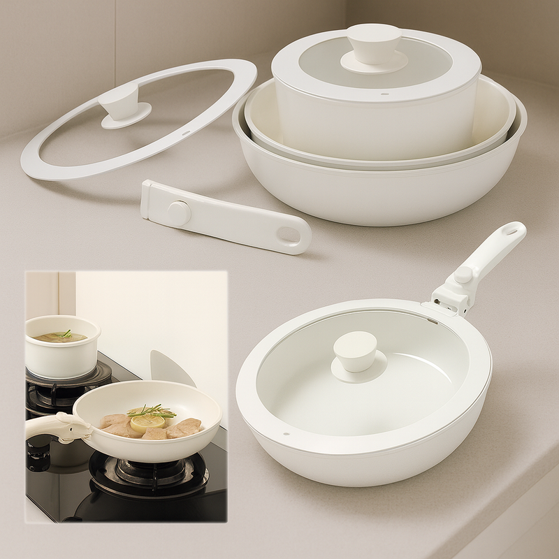 Conjunto de 18 peças de panelas e frigideiras antiaderentes em granito, com cabo removível e tampa de vidro.