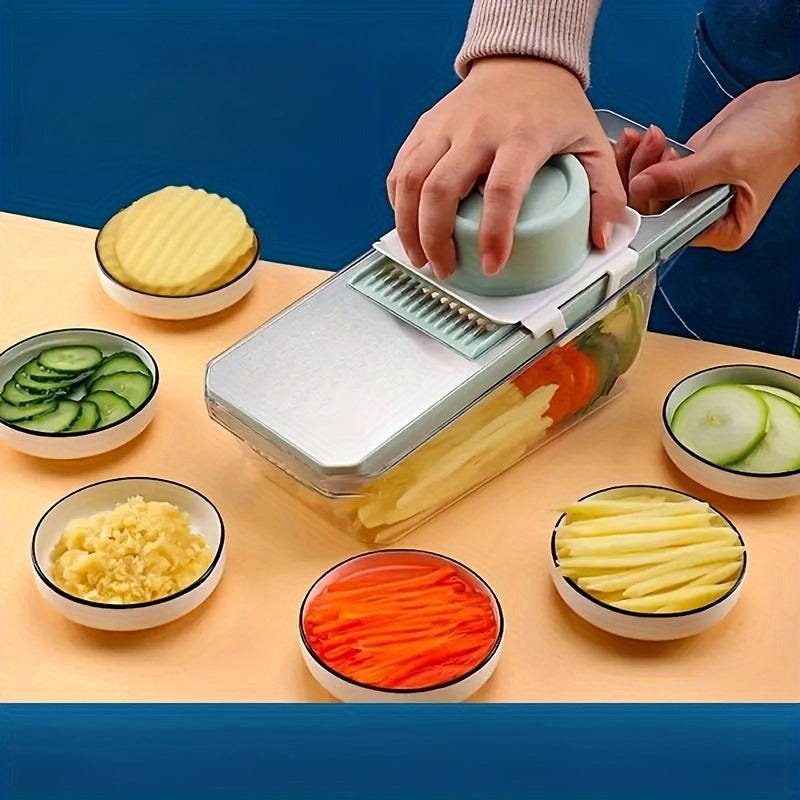 Fatiador e ralador multifuncionais em aço inoxidável, lâminas intercambiáveis, kit com 7 ferramentas manuais de cozinha para legumes.