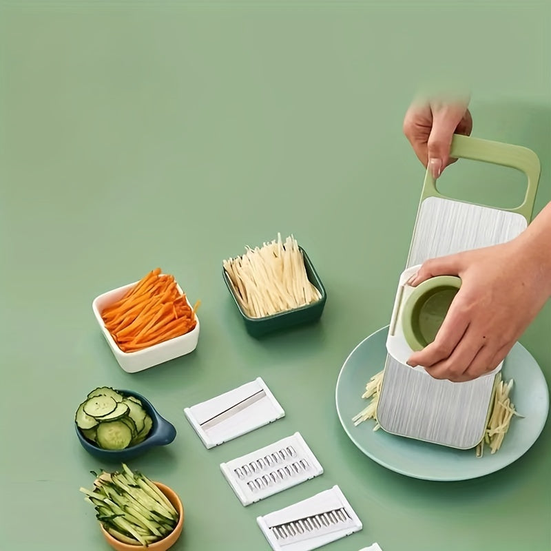 Fatiador e ralador multifuncionais em aço inoxidável, lâminas intercambiáveis, kit com 7 ferramentas manuais de cozinha para legumes.