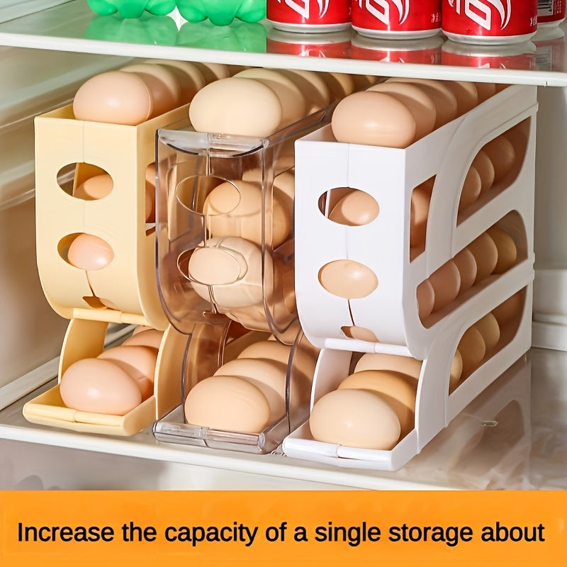 Organizador e porta-ovos deslizante. Suporte inovador com economia de espaço para geladeira e bancada.